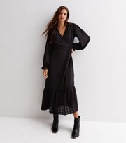 New Look Black Check Seersucker Tiered Midi Wrap Dress